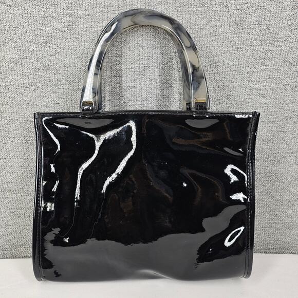 NEIMAN MARCUS VINTAGE TOTE PURSE – 1970s BLACK PATENT VINYL – LUCITE  HANDLES - Picture 2 of 11